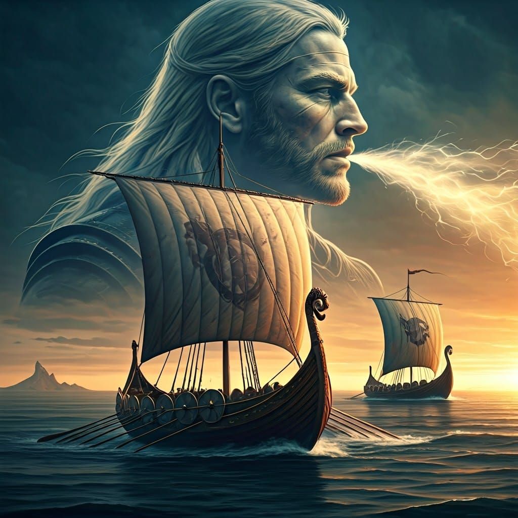 Show me three Viking boats with billowing sails There is an faint and ethereal face of Thor in the sky, blowing with hi...
