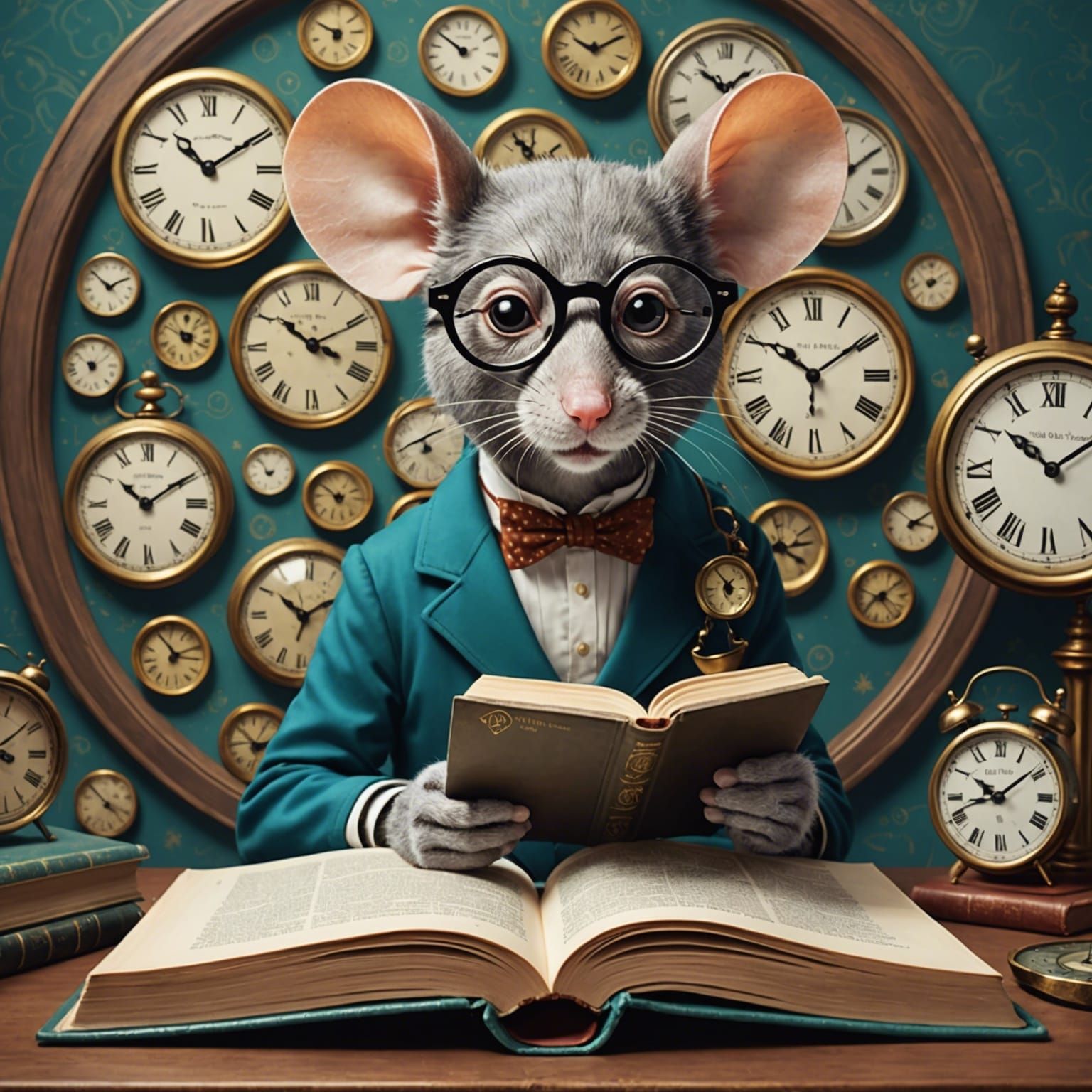 Mouse Librarian Reads Book in Surreal Setting