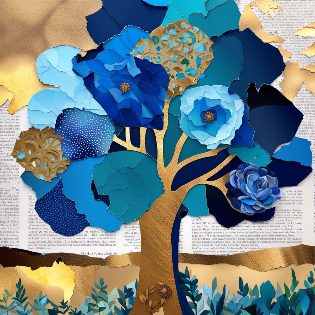 Magnificent Blue Tree Collage With Floral Elements