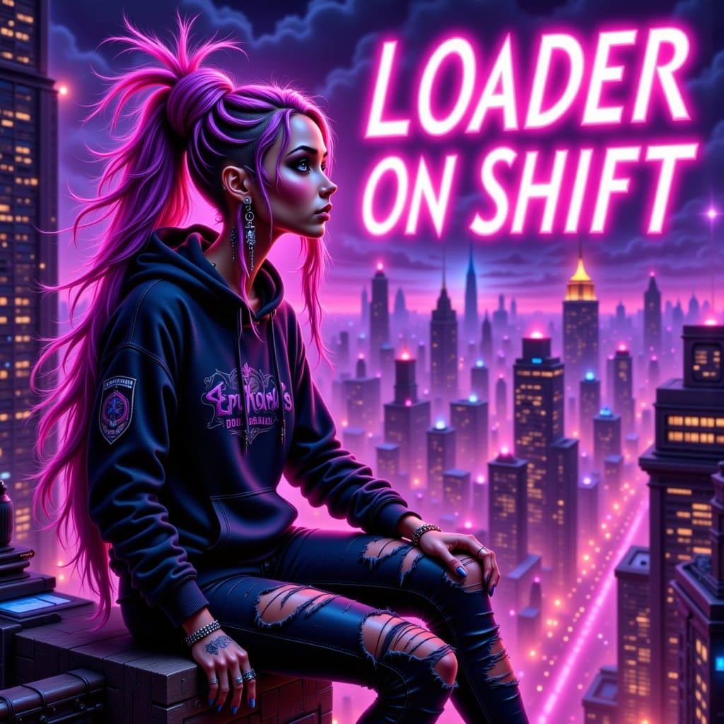 Woman on Ledge Over Neon City with Bold Text