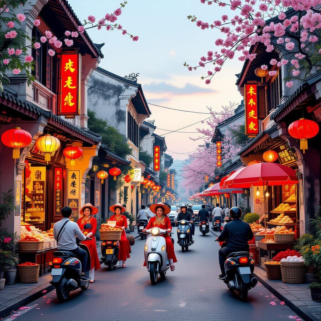 Festive Hanoi Street Scene During Tet Holiday