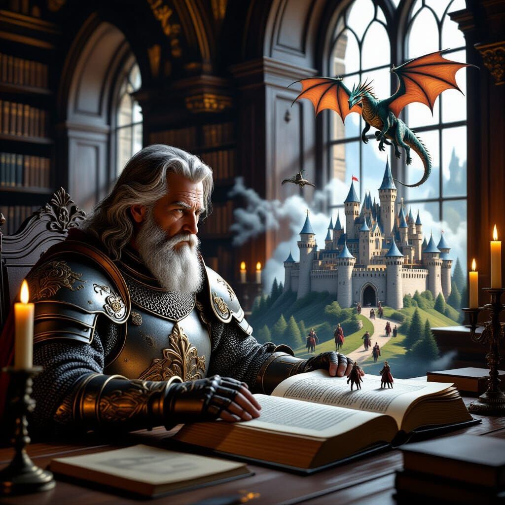 Medieval Knight in Castle Library Recalls Past Adventures