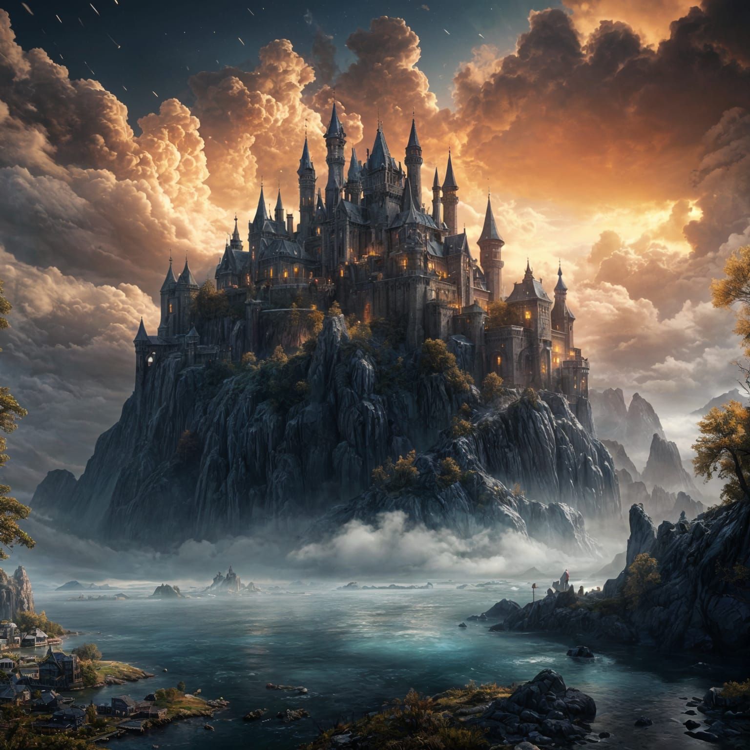 Obsidian Castle Floating Island Aurora Borealis