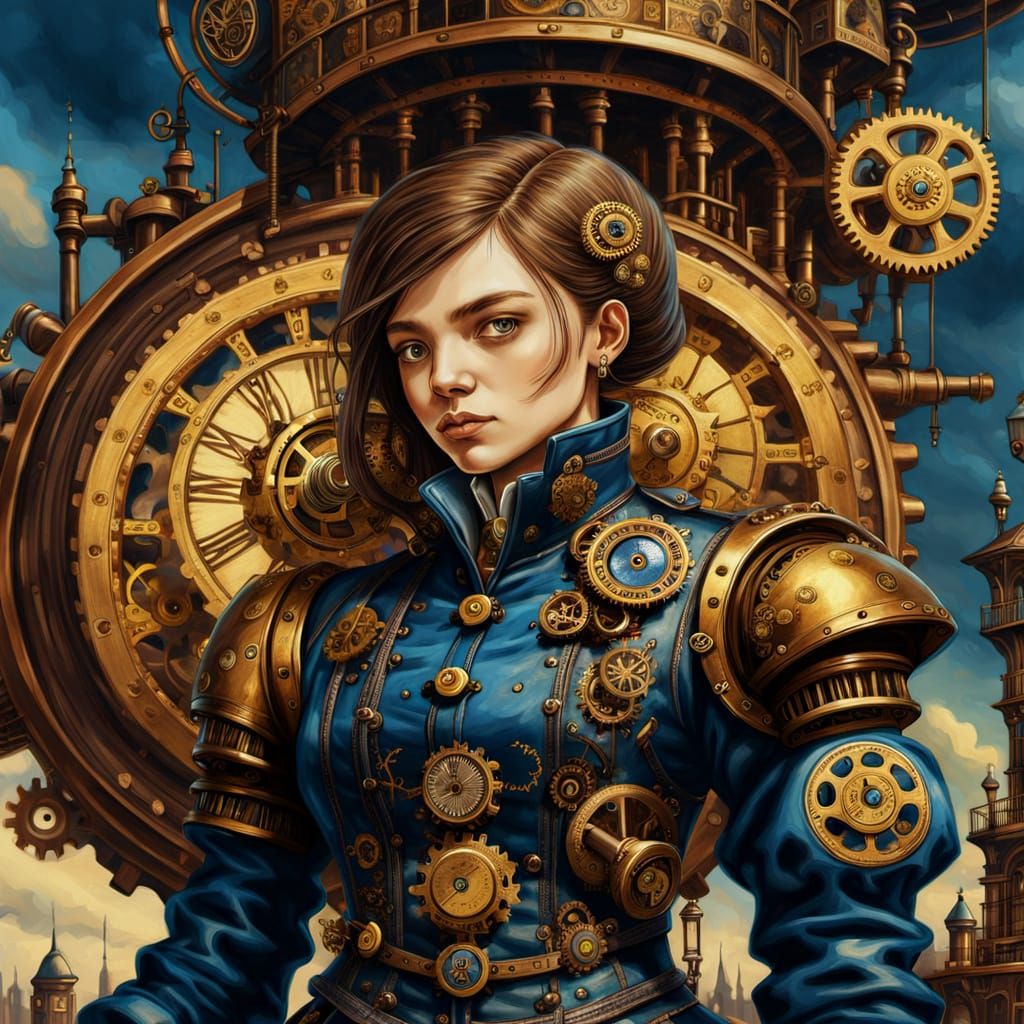 Steampunk Woman with Golden Gears in Oil Painting Style