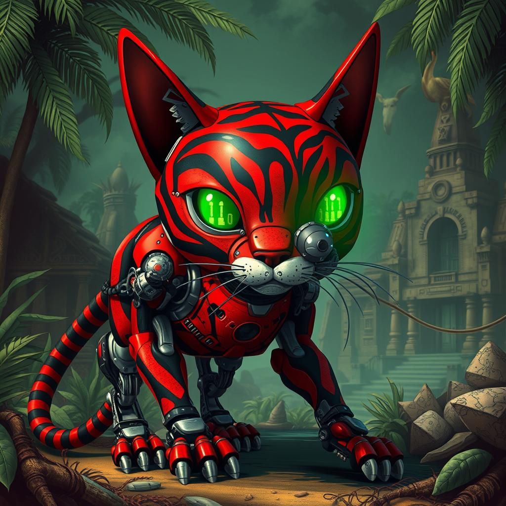 Steampunk Robot Cat in Jungle Ruins