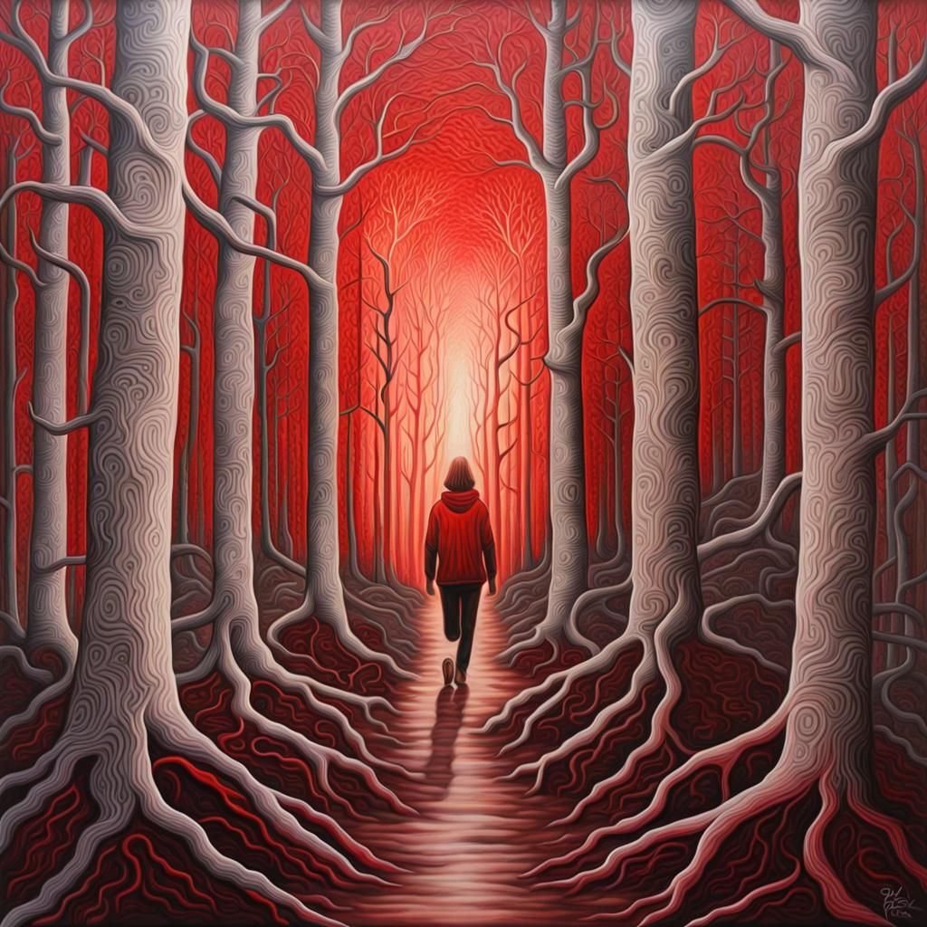 Surreal Metal Forest Landscape with Red Sunset
