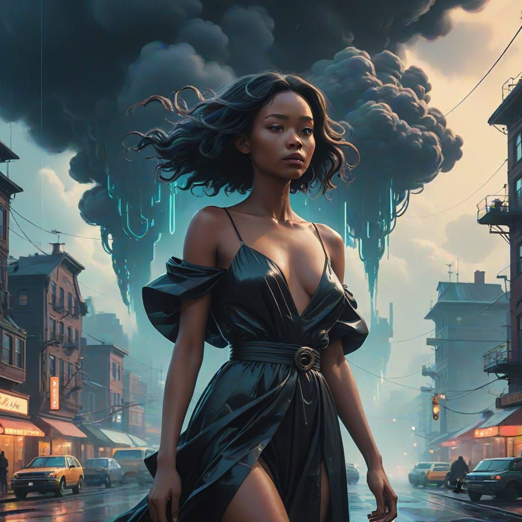 Black Air Elemental Woman in Majestic Cloud Cityscape