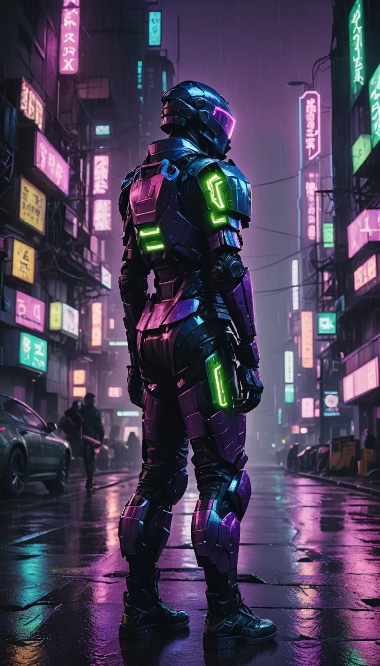 Cyberpunk Warrior in Rainy Cityscape