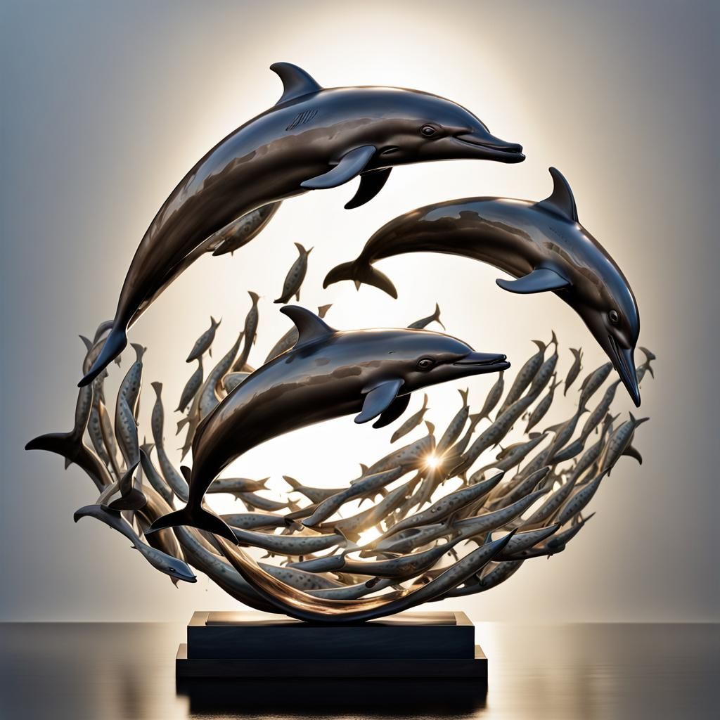 Bronze statue of Dolphins corralling a swirling mass of sardines.