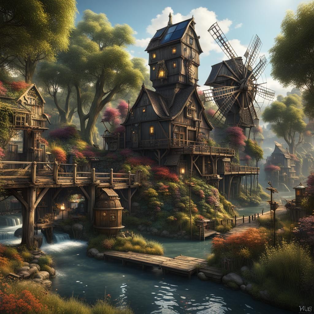 Solar Punk Village with Gardens and Windmills