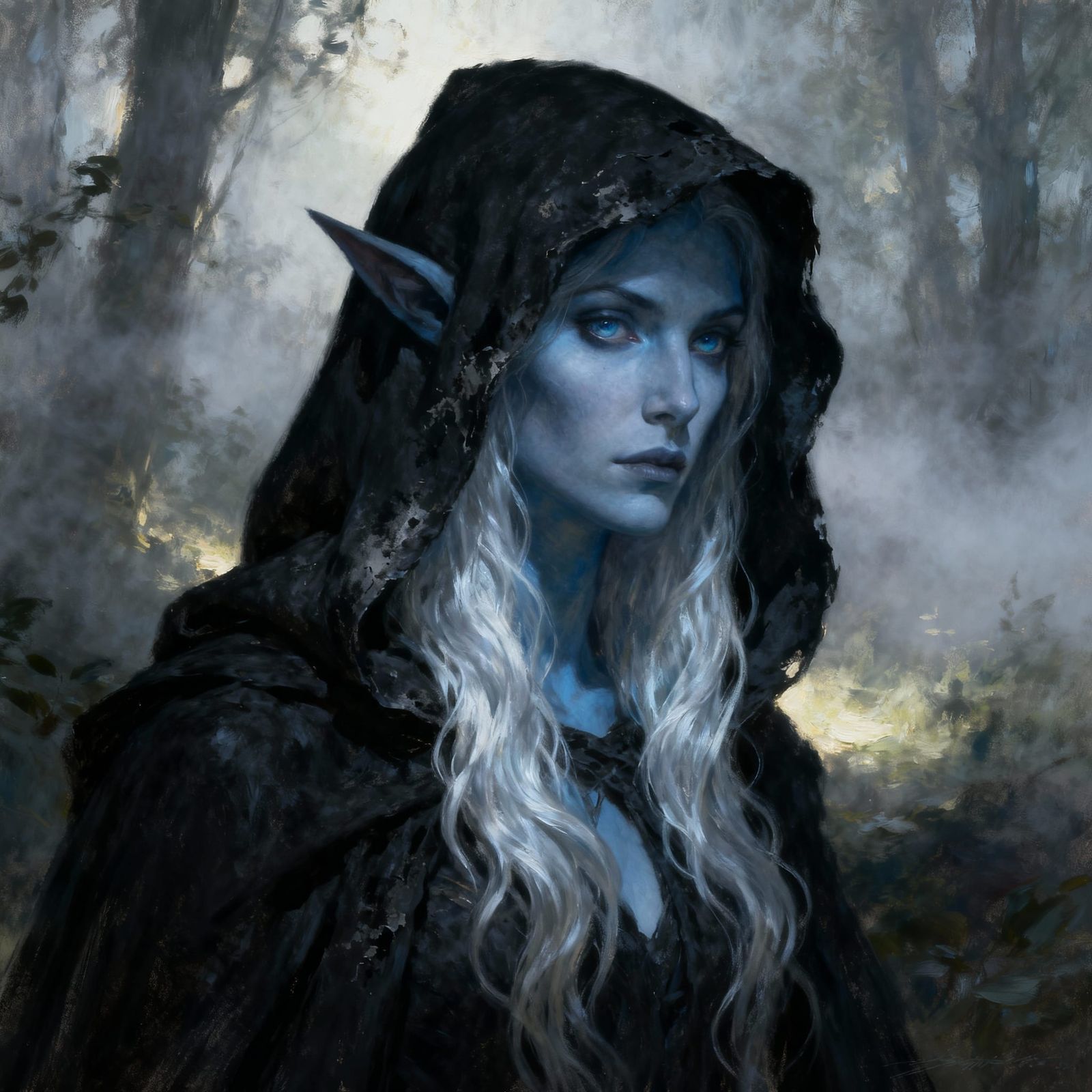 Mysterious Dark Elf Woman in Misty Forest - Oil Painting Sty...