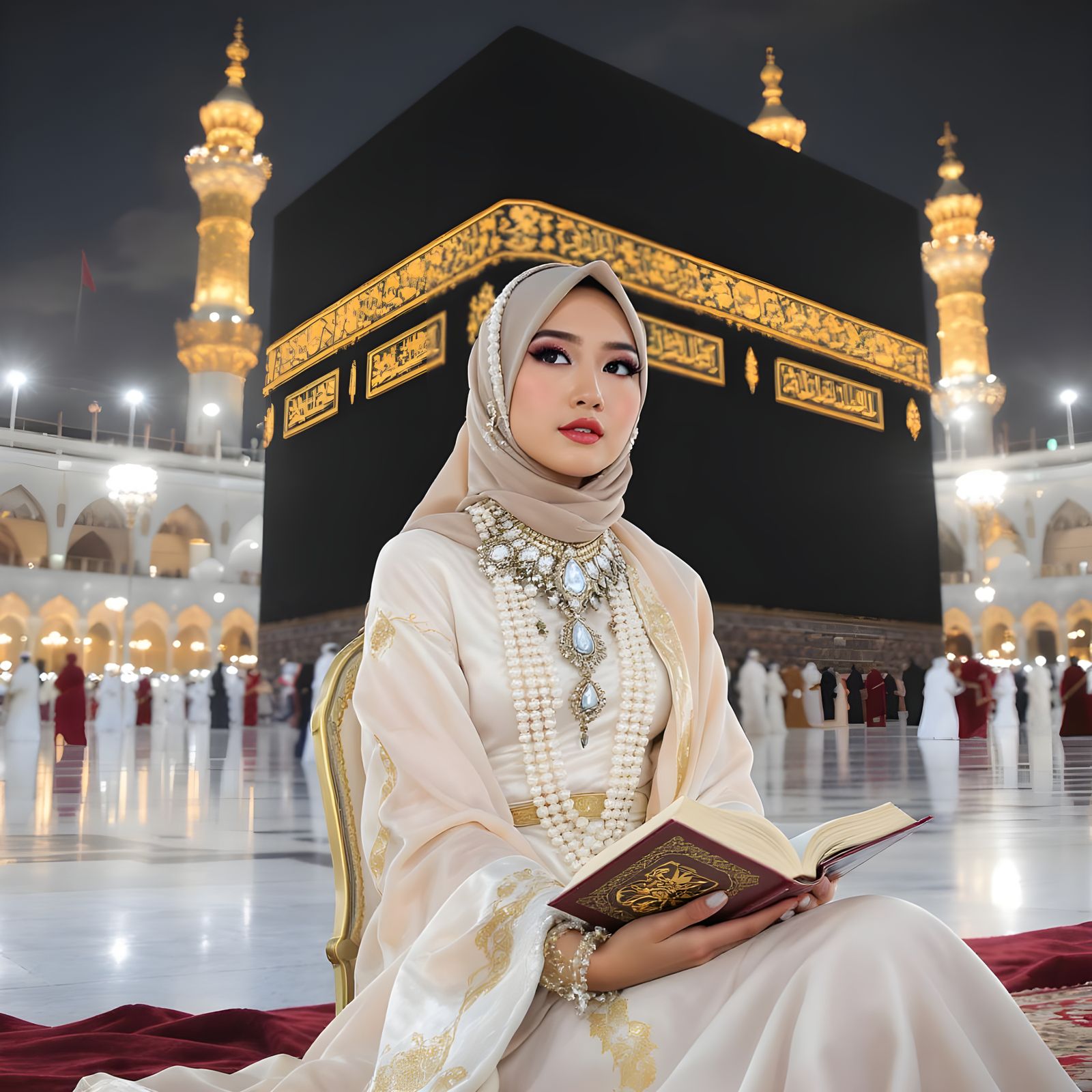 Woman with Pearl Adornments in Front of Ka'bah