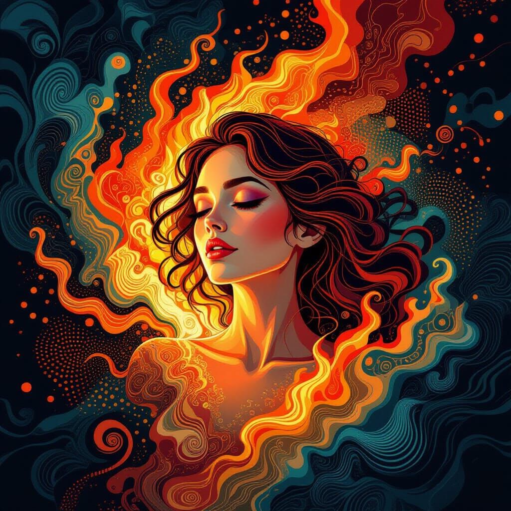 Fiery Woman in Abstract Fractal Landscape
