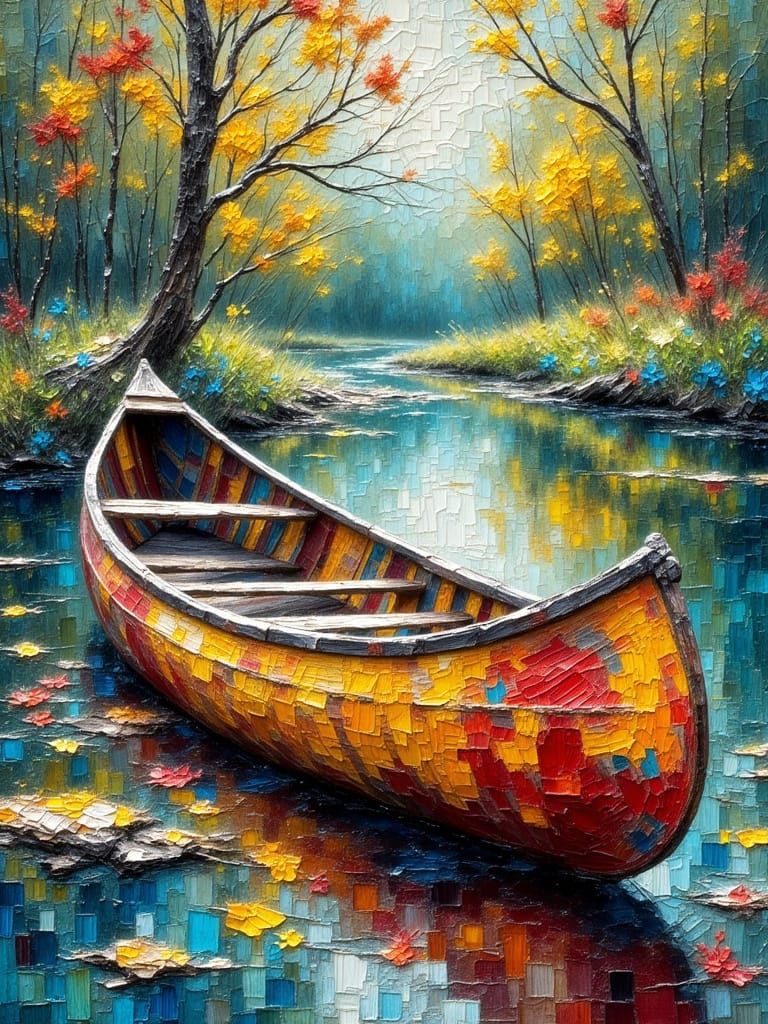 Vintage Canoe in Impressionist Painting Style