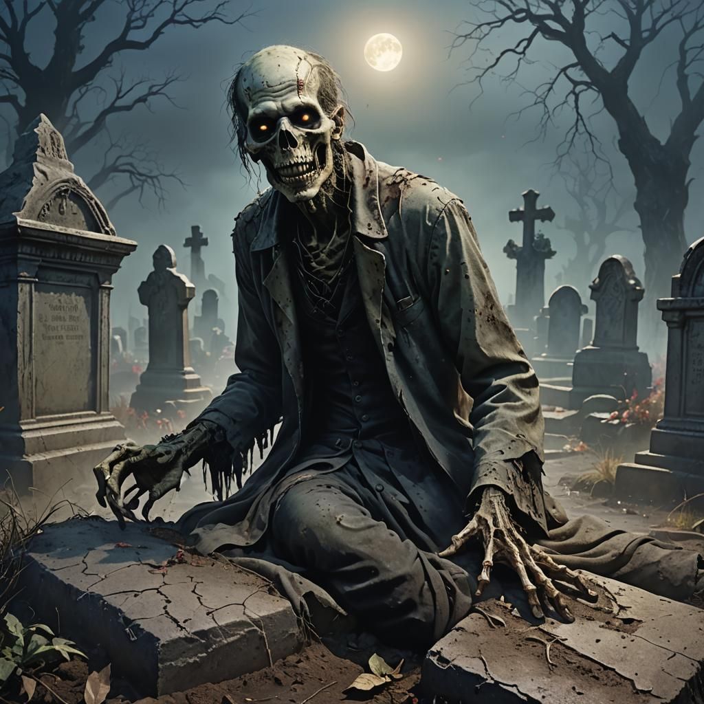 Undead Emerges from Grave in Misty Cemetery