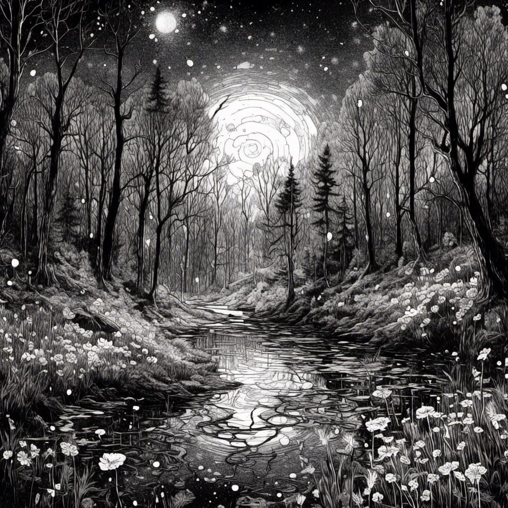 Monochrome Forest Floating in Starry Night