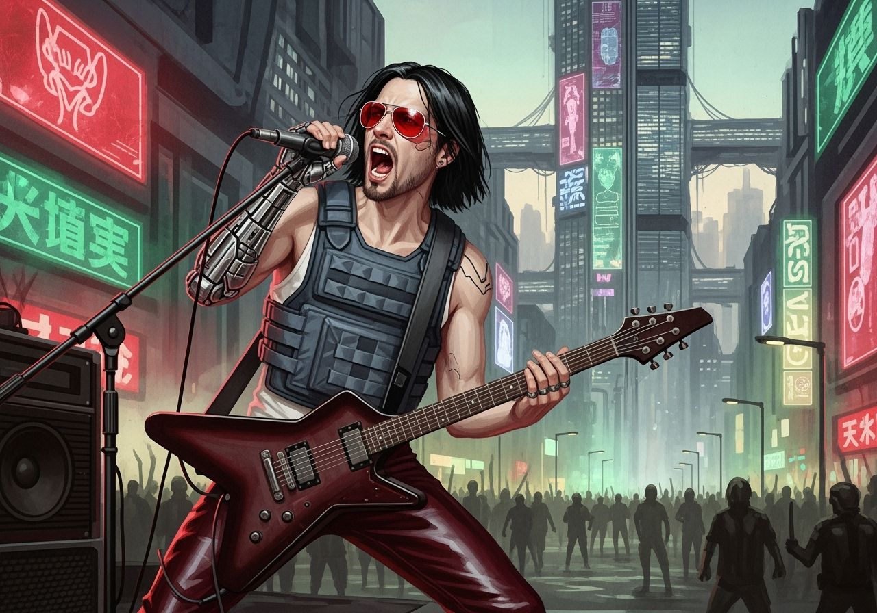 Cyberpunk Rocker Performing in Watercolor Style