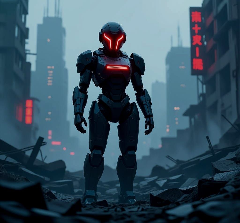 Cyberpunk Female Mech in Ruined City