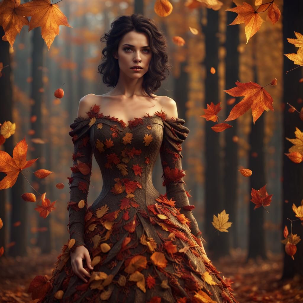 Autumn Woman in Leaf Dress: Fantasy Concept Art