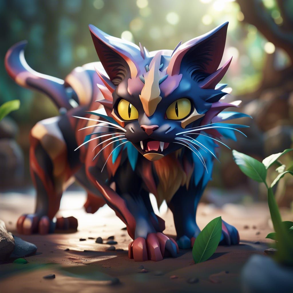 Pokémon Style Calico Cat with Fangs