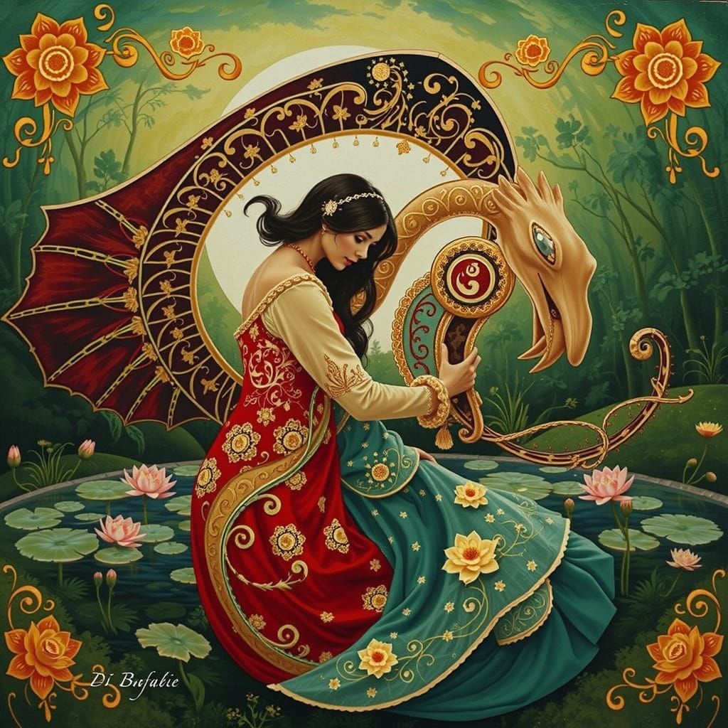 Elegant Figures in Ornate Gowns by Lotus Pond