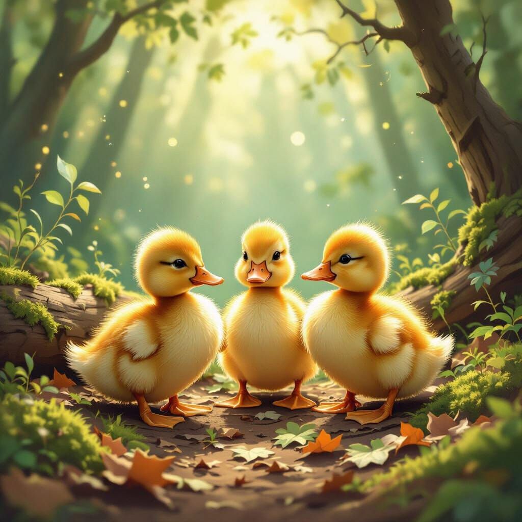 Adorable Ducklings in a Sun-Dappled Forest Clearing