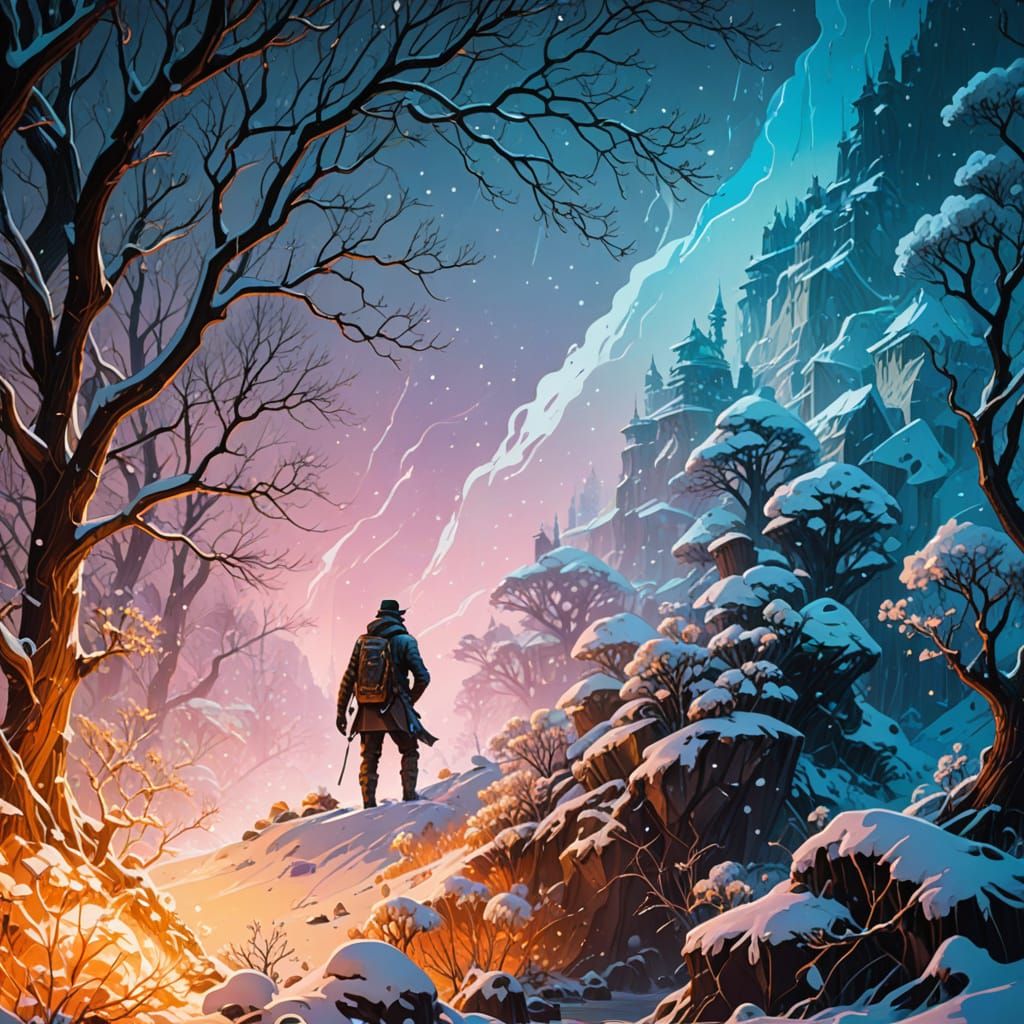 Steampunk Android in Snowy Jungle, Aetherpunk Art