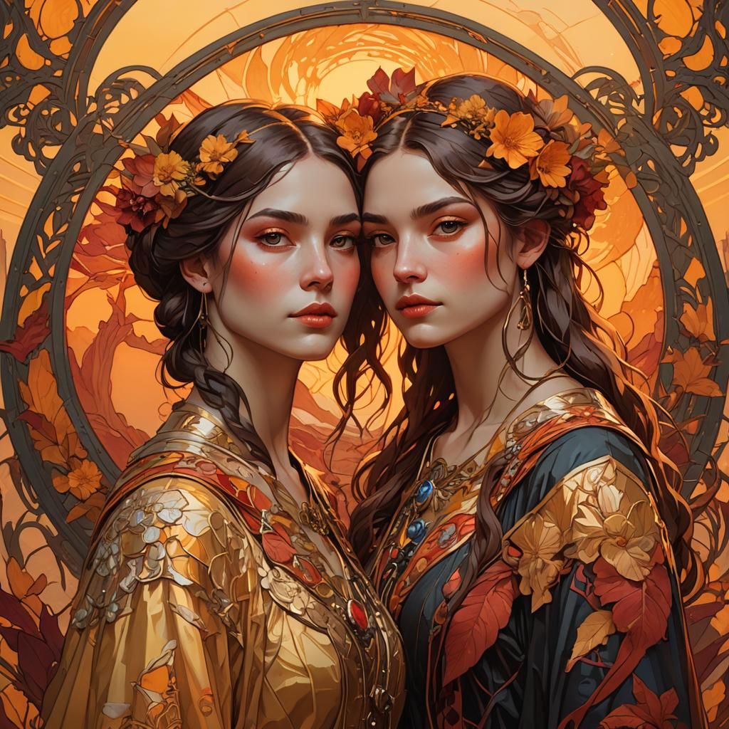 Sisters in Sunset: A Digital Art Nouveau Portrait