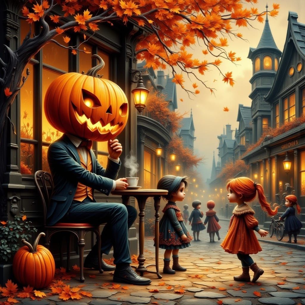 Smiling Jack-o'-Lantern Man at Victorian Cafe