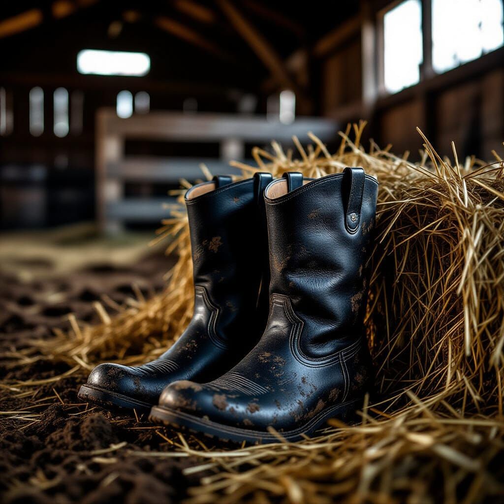 Muddy Riding Boots in Barn: Cinematic Film Still
