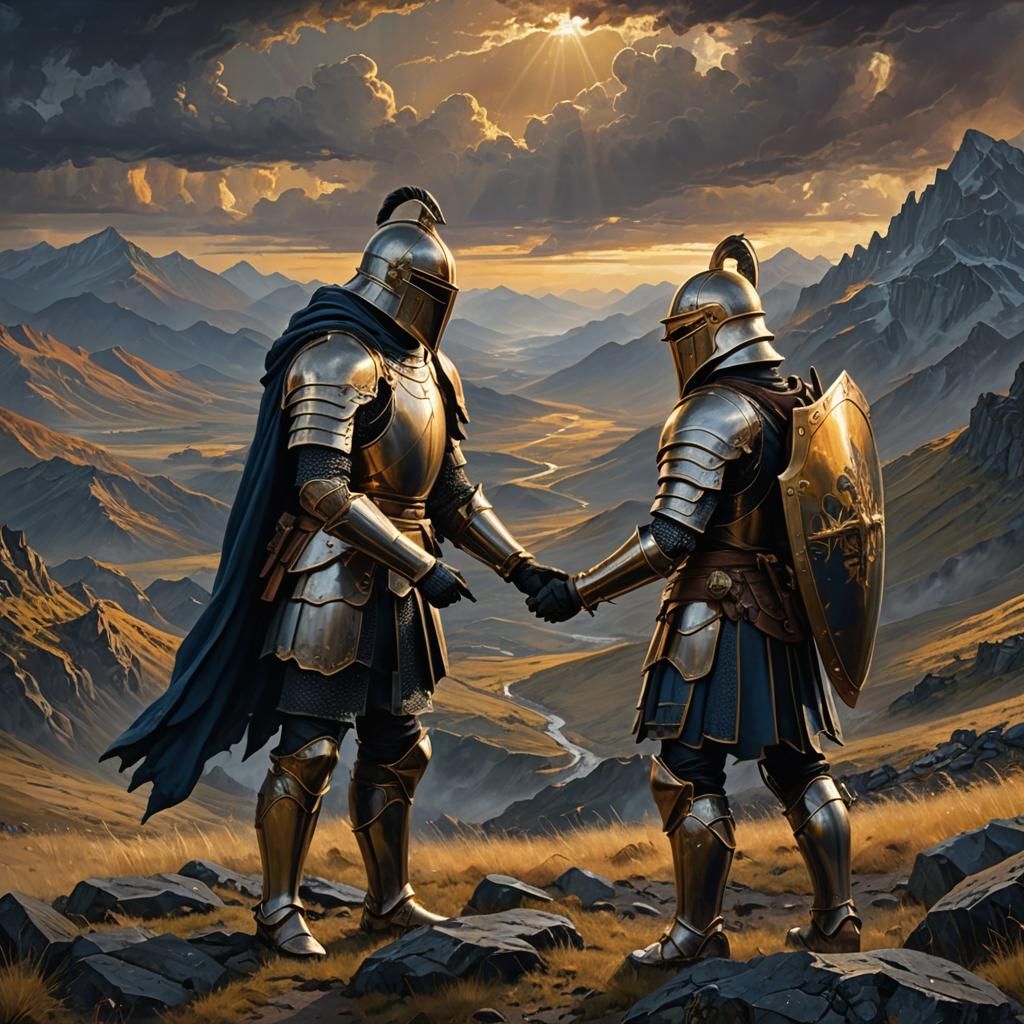 Armored Knights Shake Hands on Battlefield at Sunrise