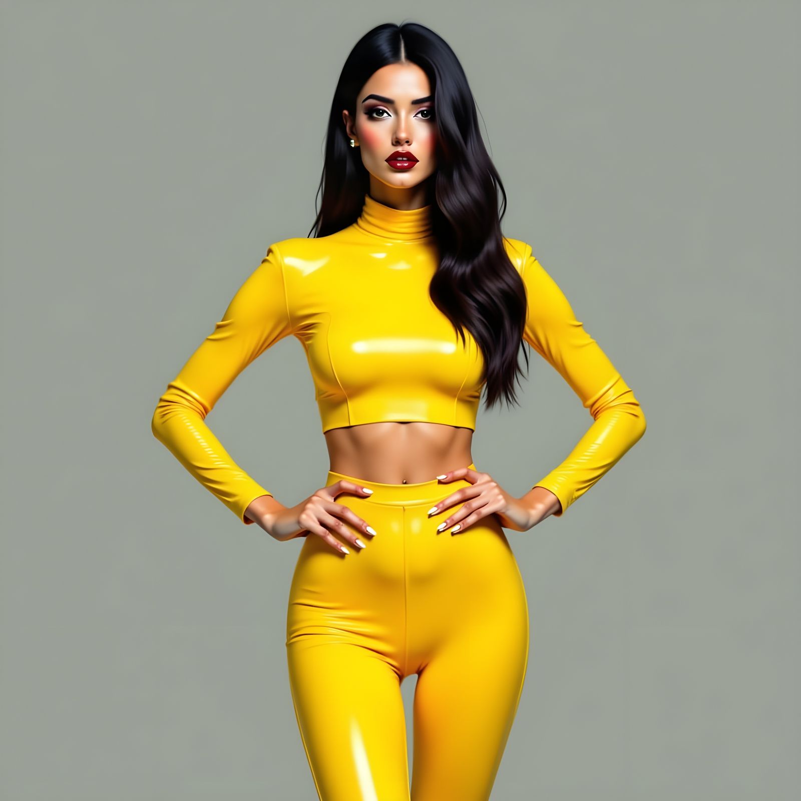 Slender Woman in Yellow Latex Outfit on Gray Backdrop