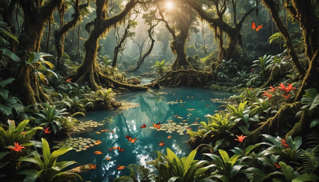 Lush Tropical Lake Ecosystem in Microphotography