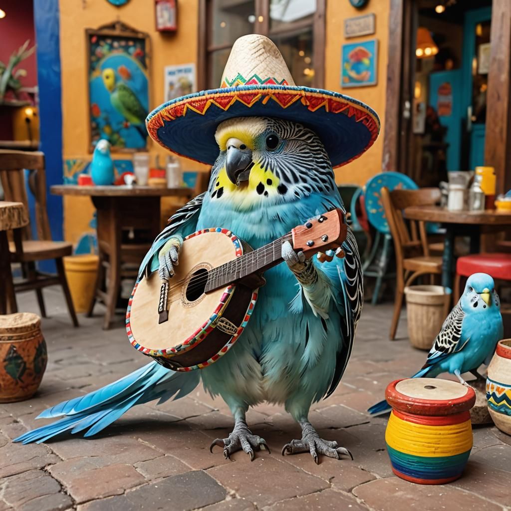 Blue Budgie Plays Drum in Mexican Cafe