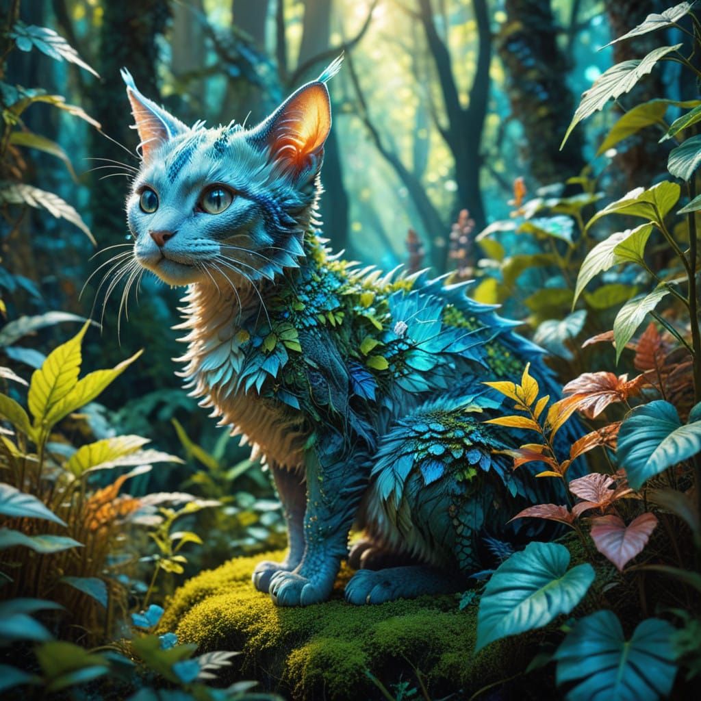Enchanted Feline Dragon in Whimsical Forest Glade