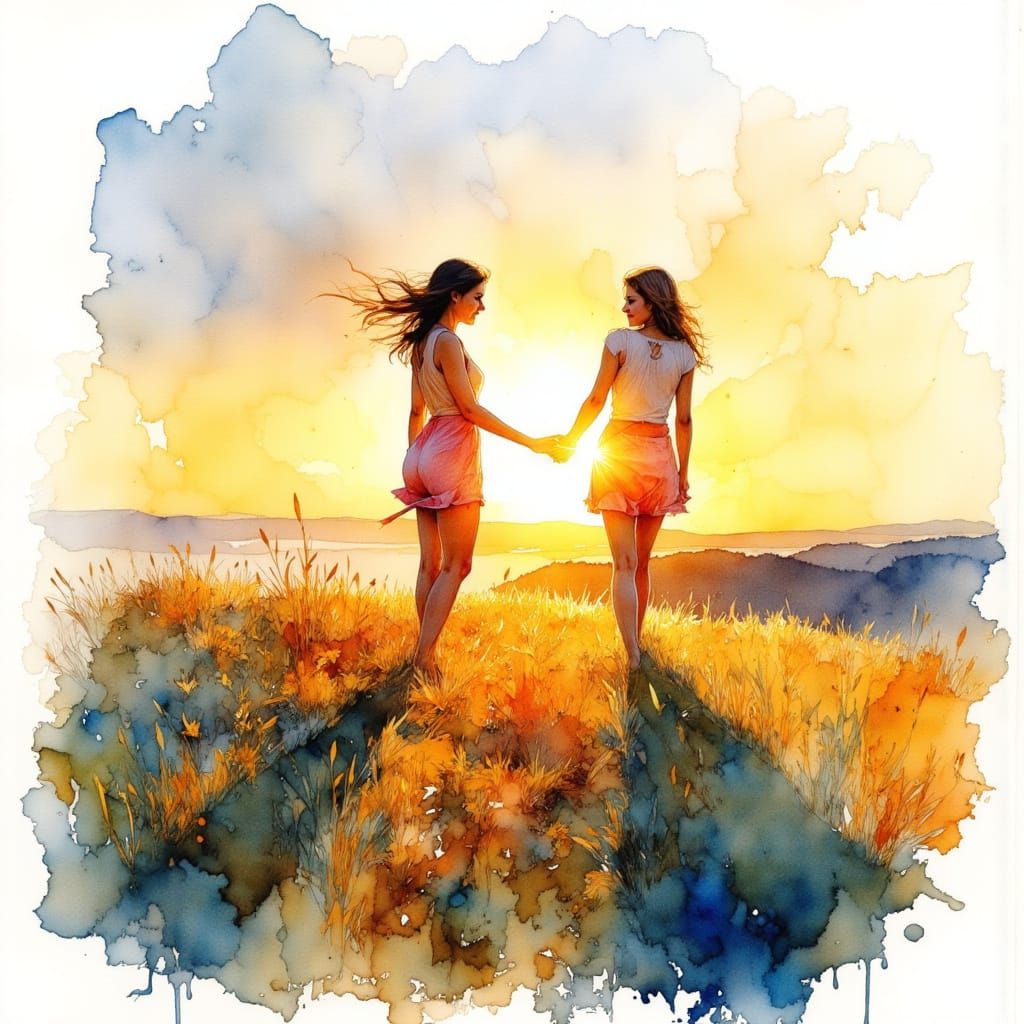 Young Couple at Sunrise: Watercolour Pencil Sketch