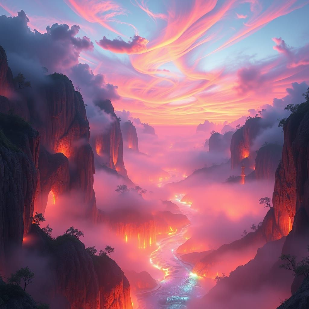 Surreal Landscape of Luminous Floating Cliffs and Molten Lig...