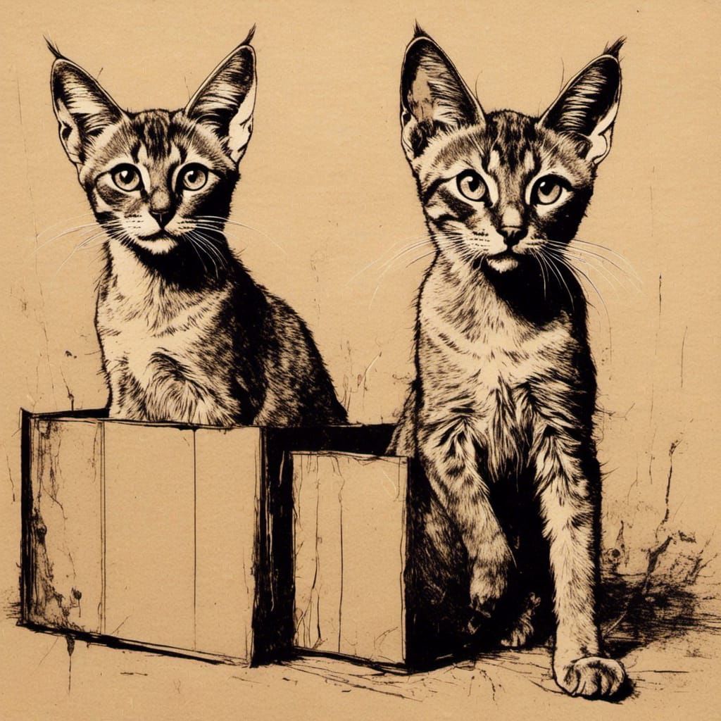 Abyssinian Cats in Cardboard Box Ink Drawing
