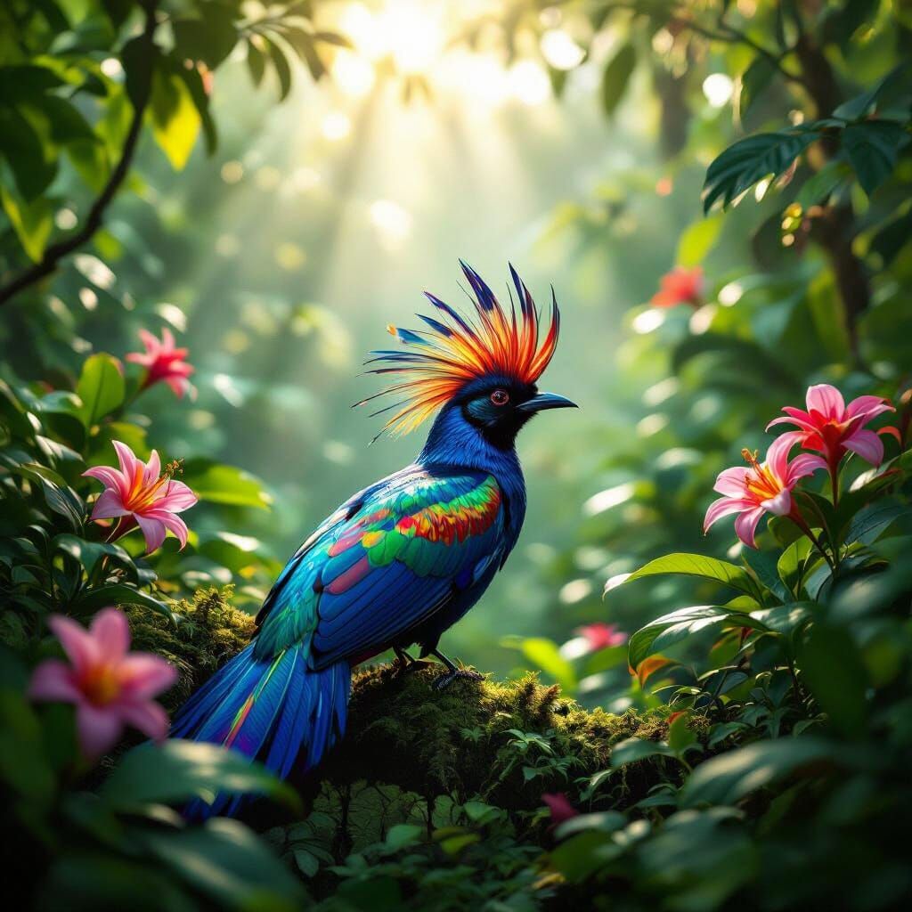 Vibrant Bird of Paradise in Sunlit Jungle Clearing