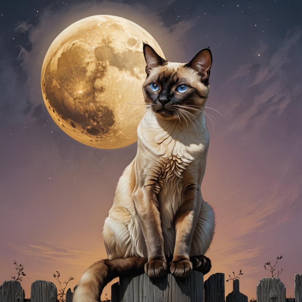 Siamese Cat Howling at Moon: Hyperrealistic Splash Art