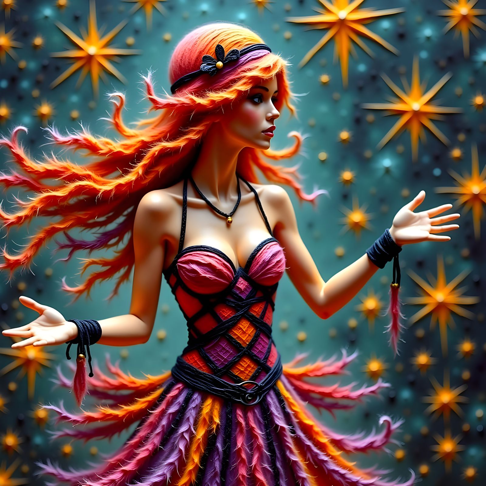 1920s Flapper Girl in Vibrant, Felted Wool Attire