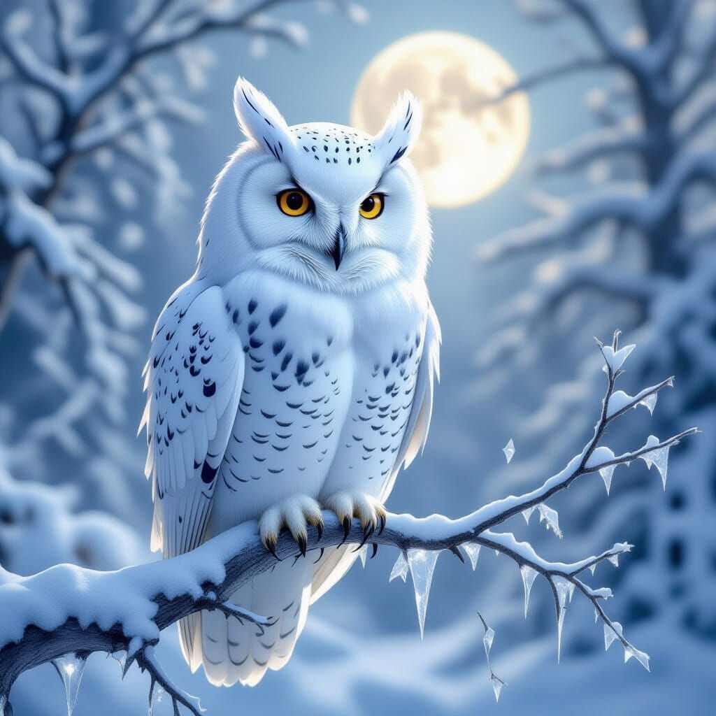 Snow Owl in Frozen Forest, Mystical Fantasy Art