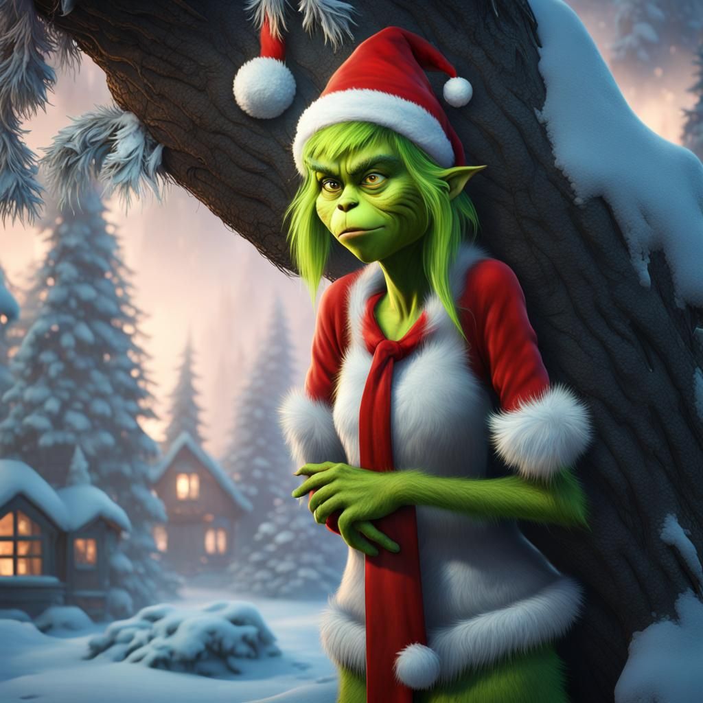 Teenage Grinch with Santa Hat, Digital Art