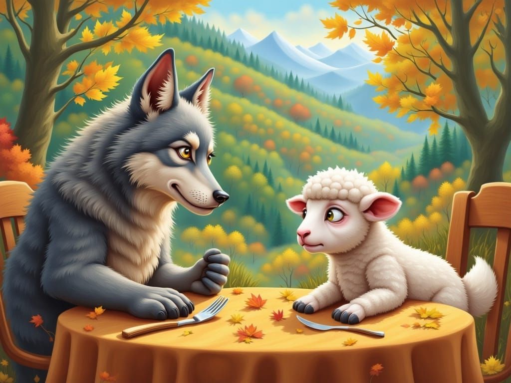 Cartoon Wolf and Nervous Lamb Dinner Meeting