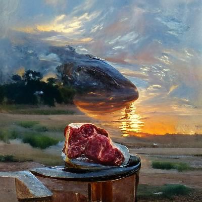 Ribeye Steak Watches Sunset: Oil Painting