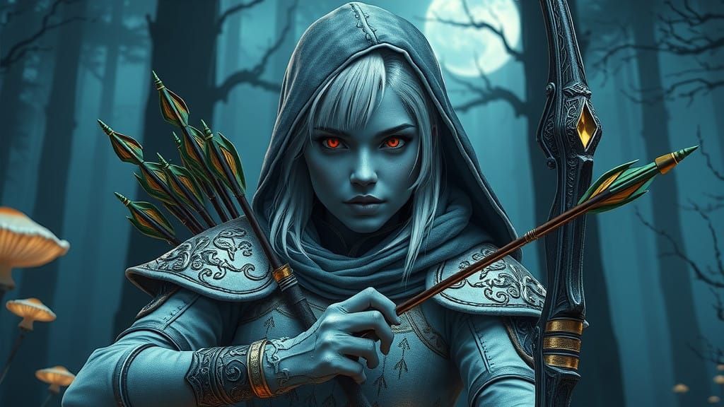 Gothic Fantasy Dark Elf Ranger in Moonlit Forest