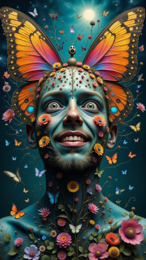 Man's Face Fractured into Iridescent Butterfly Wings with Ey...
