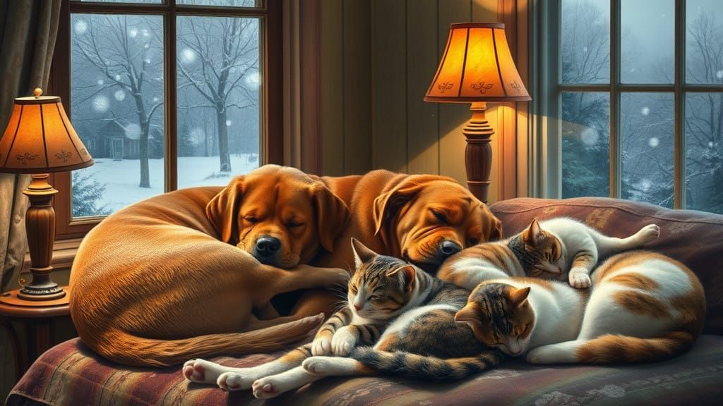 Peaceful Winter Scene with Dogs and Cats in a Cozy Room