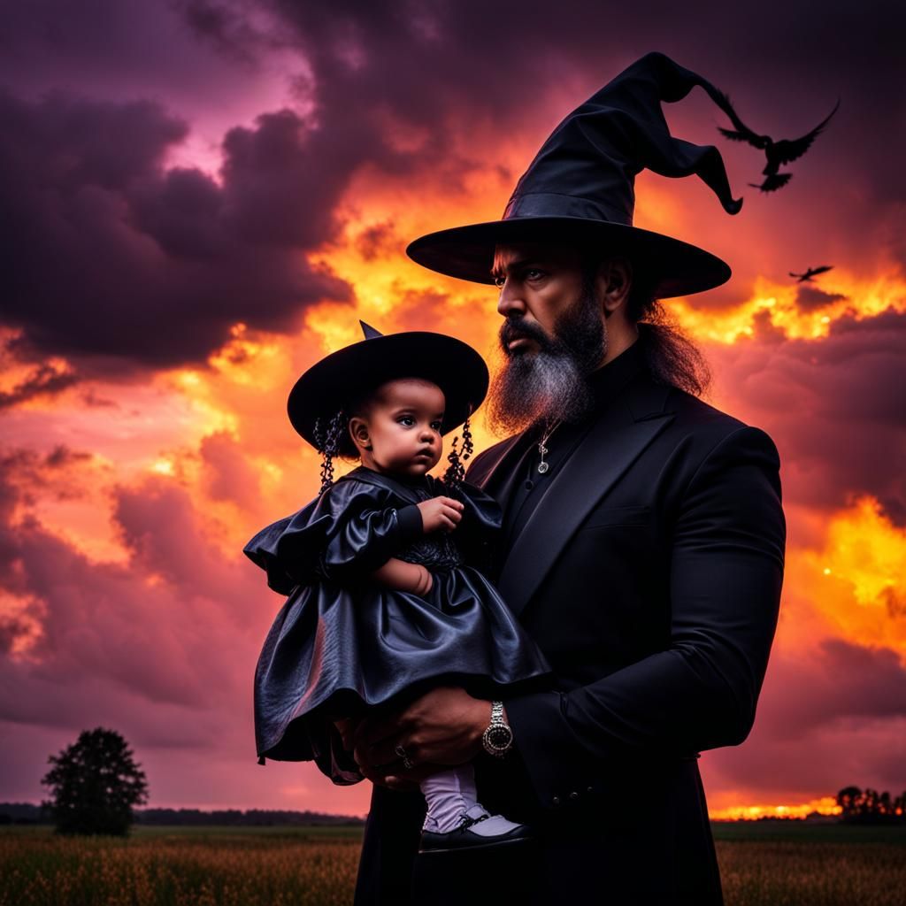 Mysterious Witch with Baby at Sunset