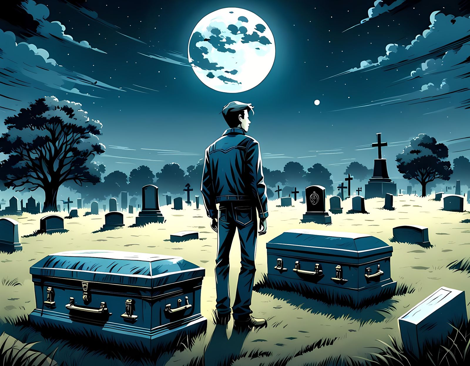 Noir Graveyard Scene with Figure Under Moon